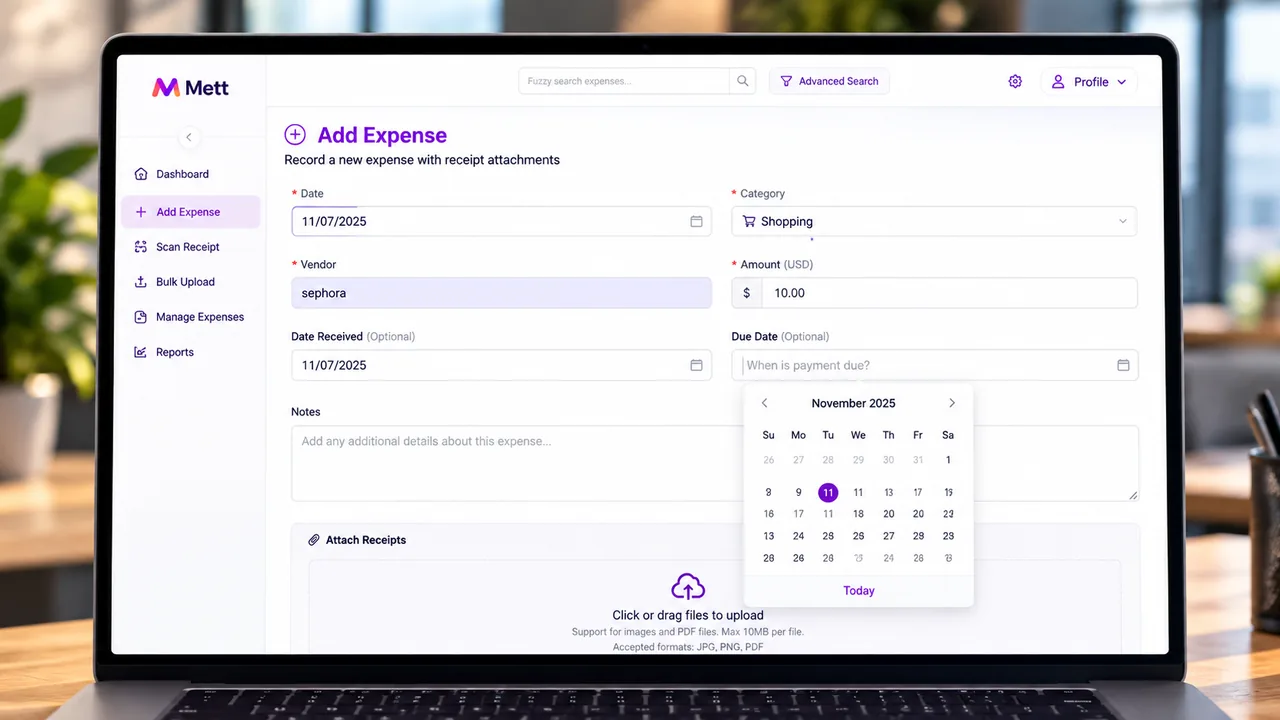 The METT add expense form, with fields for date, category, vendor, amount, dates received and due, and notes