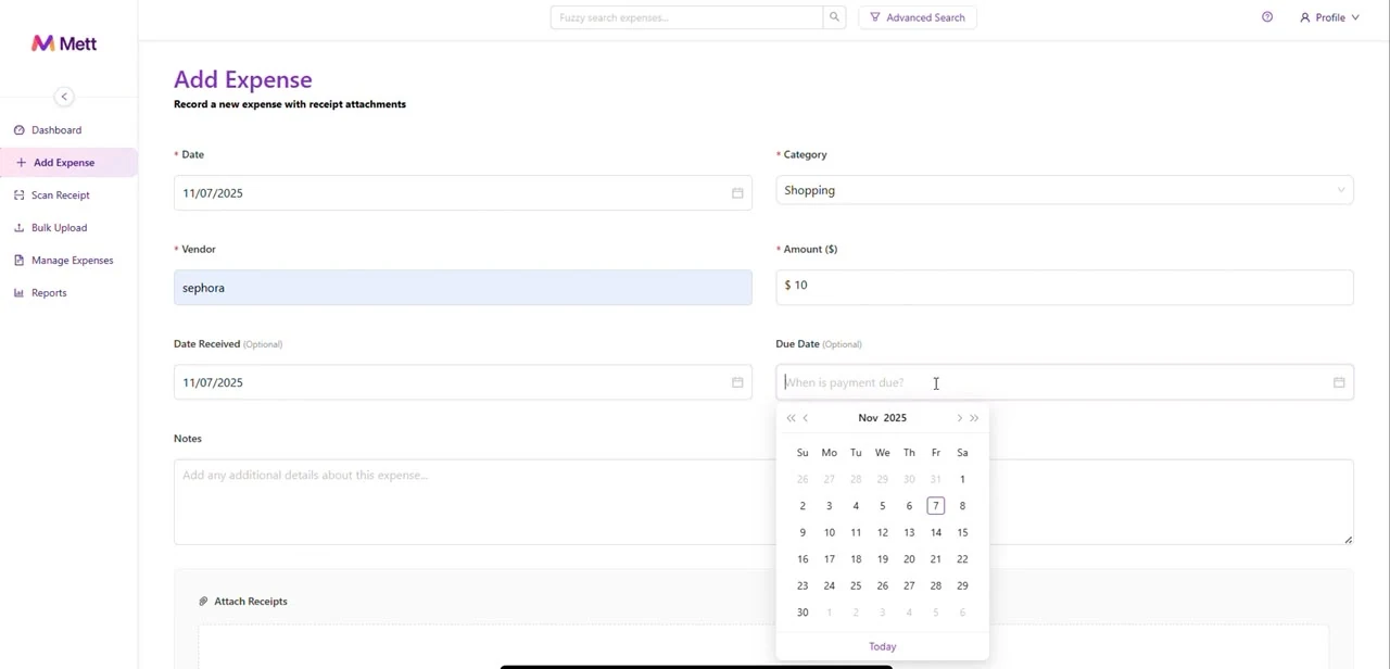The METT add expense form, with fields for date, category, vendor, amount, dates received and due, and notes