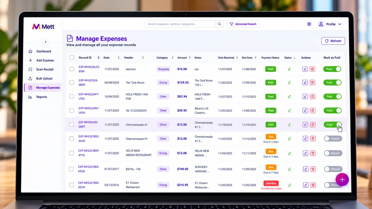The METT expense management table, showing records with paid, due and overdue status indicators and a mark-as-paid toggle