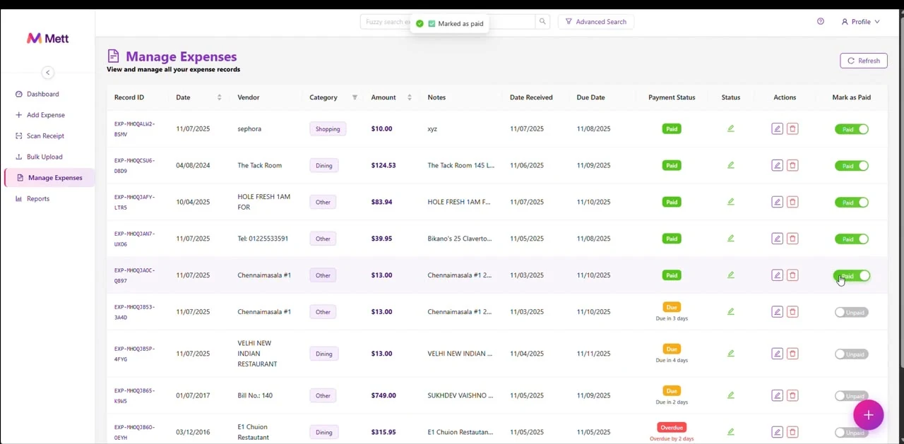 The METT expense management table, showing records with paid, due and overdue status indicators and a mark-as-paid toggle