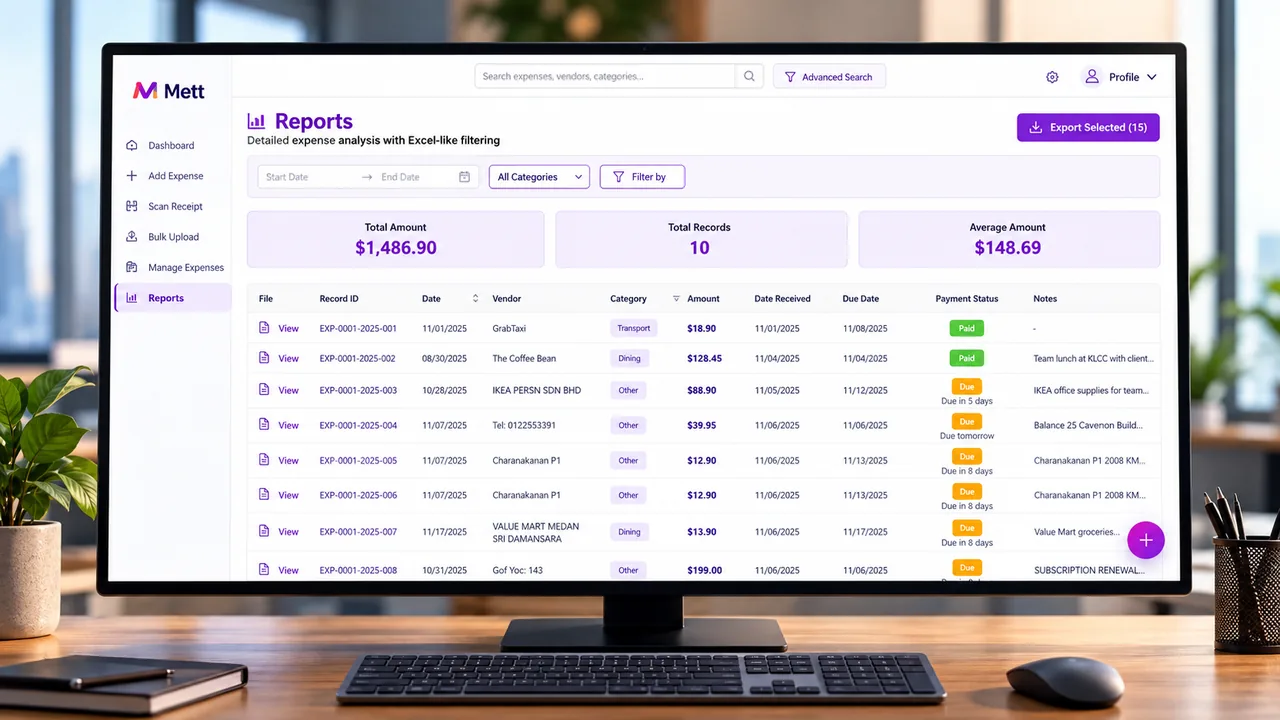 The METT reporting view on a desktop monitor, showing expense records with vendor, amount, category and payment status
