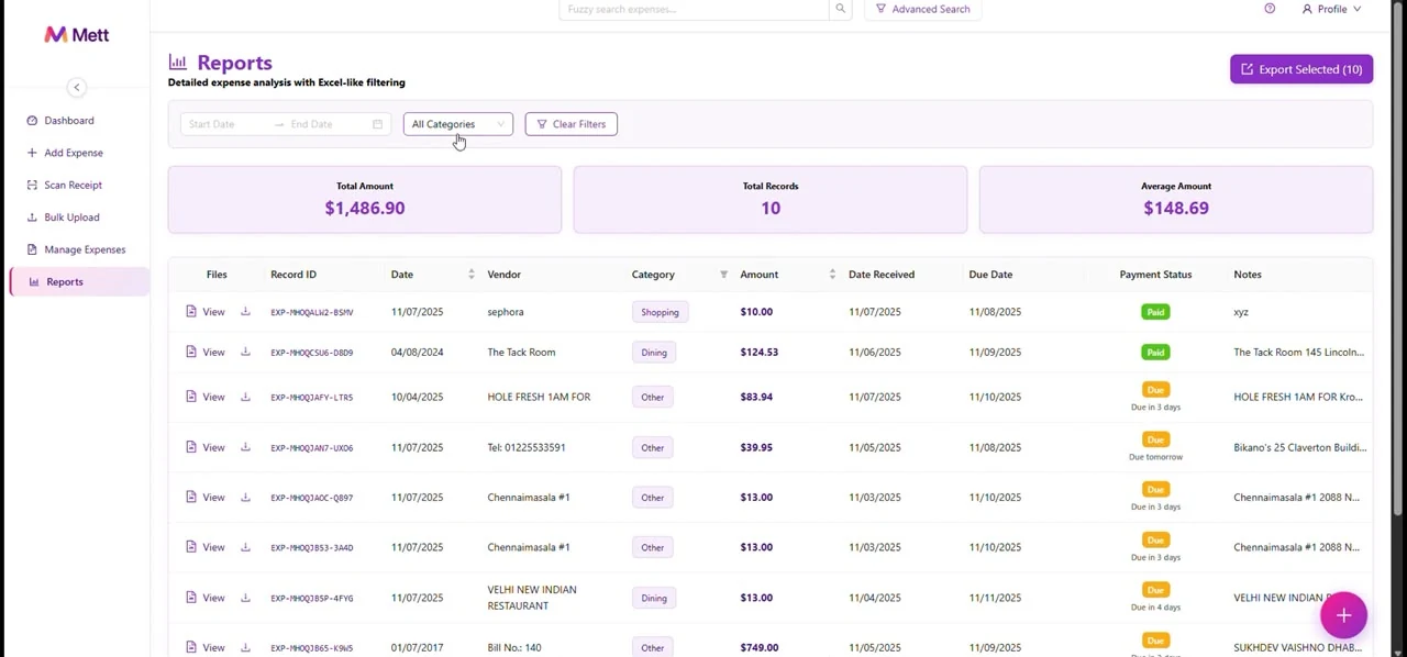The METT reporting view, showing expense records with vendor, amount, category and payment status