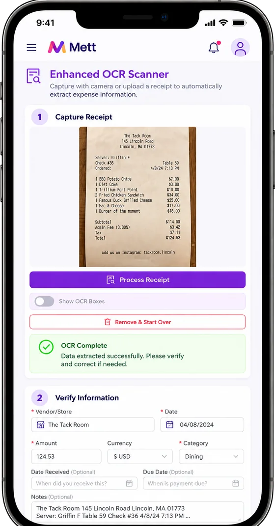 The METT receipt scanner on a phone, showing a photographed restaurant receipt above the vendor, date, amount and category it extracted