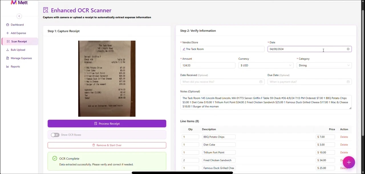 The METT receipt scanner, showing a photographed restaurant receipt beside the extracted vendor, date, amount and eight itemised line entries